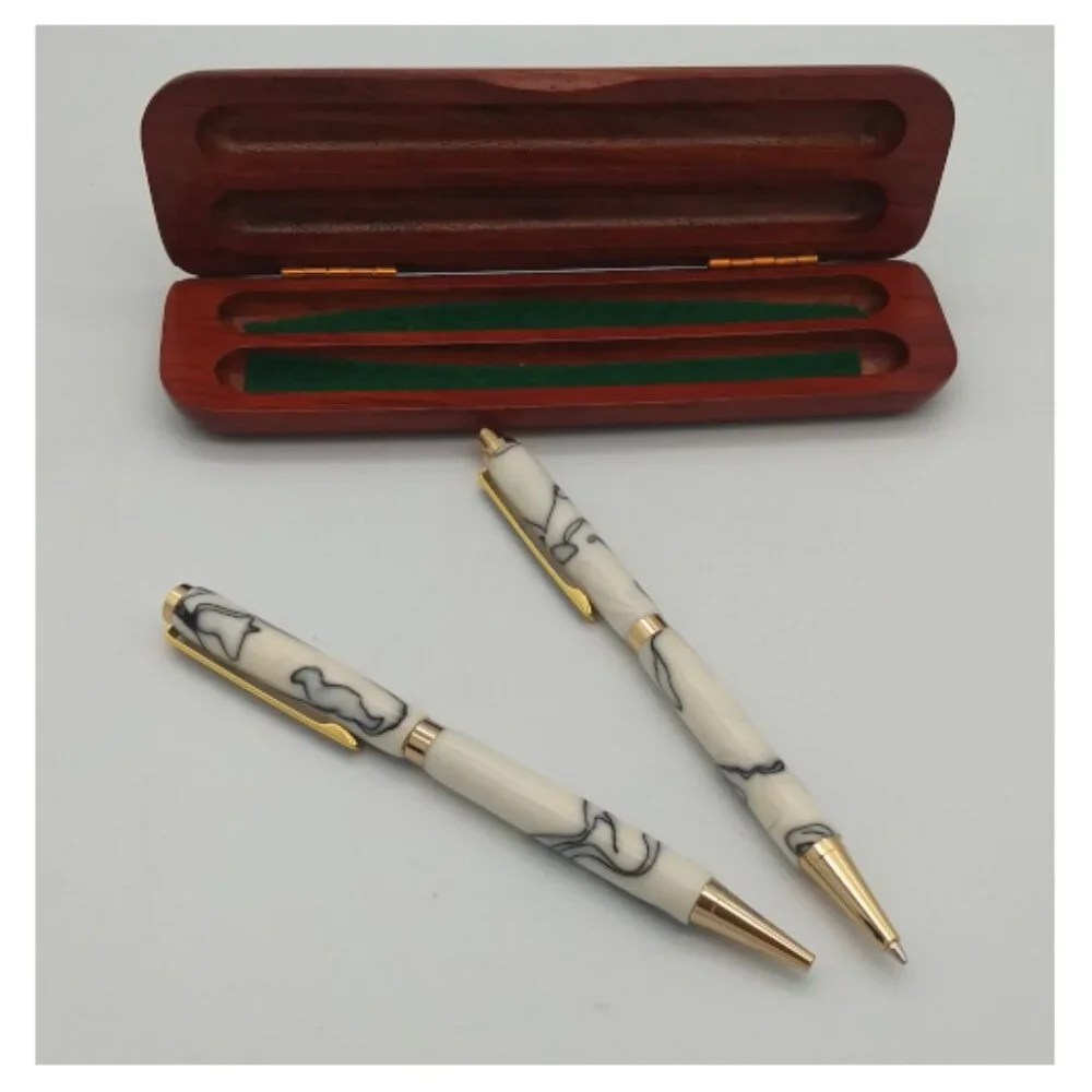 Pen & Pencil Set - Marble Design & Light Cherrywood Case
